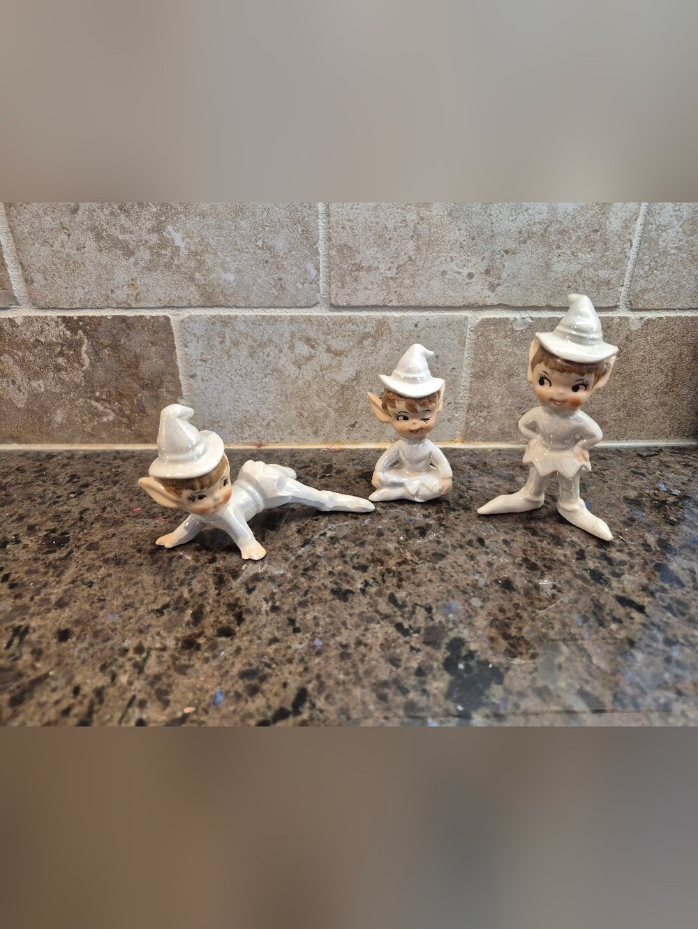 Vintage Set of 3 Lefton Original Elves Pearlescent